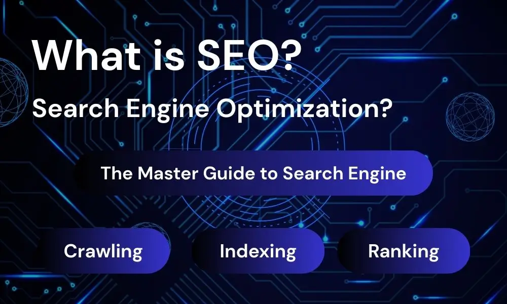What is SEO? and "The Master Guide to Search Engine," with three highlighted buttons for Crawling, Indexing, and Ranking.