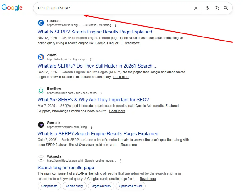Google search results page showing organic SERP results for the query “Results on SERP” with a red arrow pointing to the search bar.