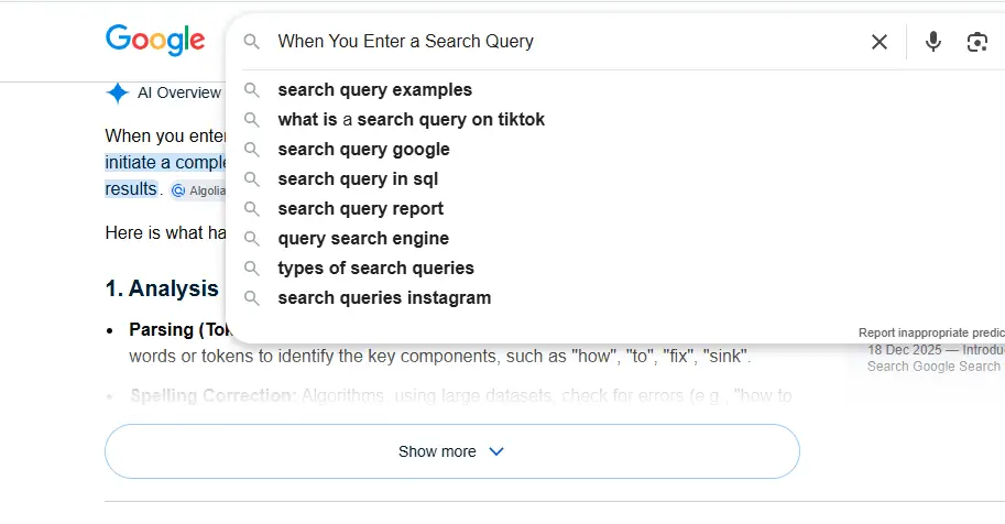 Google search box showing the query “When You Enter a Search Query” with autocomplete suggestions.